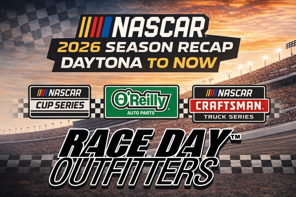 NASCAR 2026 season recap graphic showing Daytona to now with Cup Series, O’Reilly Series, and Craftsman Truck Series.